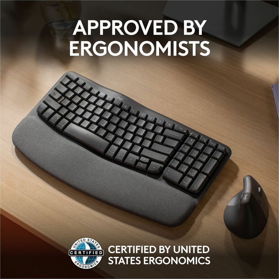 Logitech Wave Keys Wireless Ergonomic Keyboard with Cushioned Palm Rest, Comfortable Natural Typing, Graphite - 920-011898