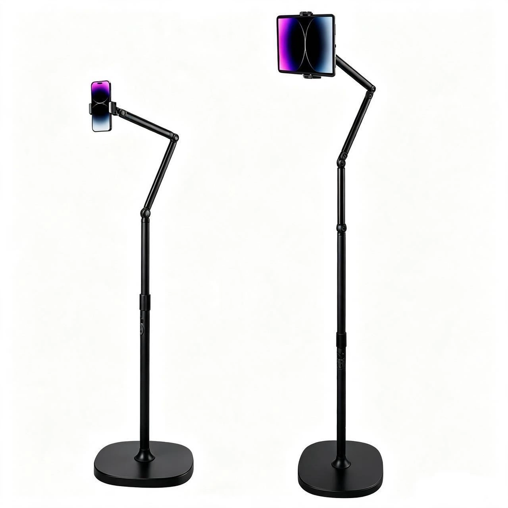 Tablet Floor Stand with Weighted Base, Dual Articulated Arm Adjustable Floor Tablet Holder for Live Streaming, Reading & Bedroom